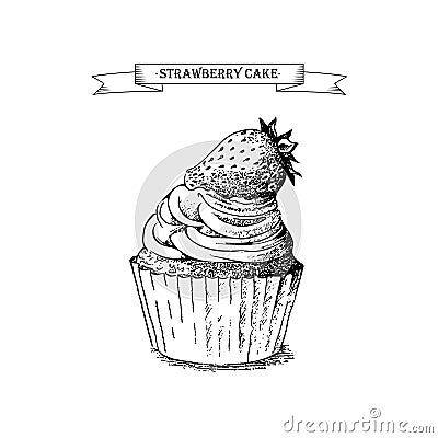 Graphic strawberries cake on white background. Vector Illustration